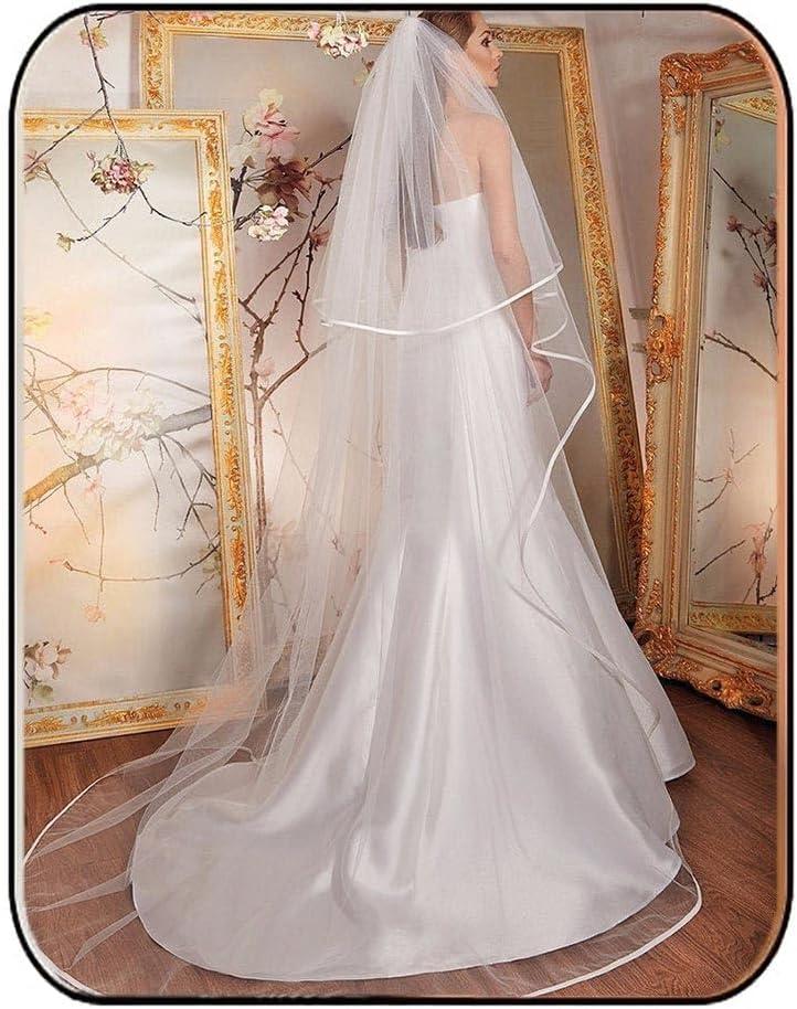 Unsutuo 2 Tiers Bride Wedding Veil Ivory Ribbon Cathedral Veil Bridal Veil for Women, One Size