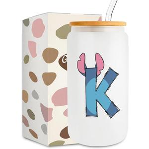 Cute Cartoon Lover Gifts Initial A-Z Personalized Iced Coffee Cup Cartoon Merch 16oz Glass Cup with Lid and Straws Birthday Christmas Gifts for Women Teen Girls Fans (Letter K) (Multicolor 1029)