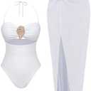 SOLY HUX Women's One Piece Swimsuit Cut Out Halter Metal Bathing Suit with Split Beach Cover Up Skirt. Size L