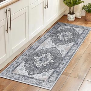 Area Rugs 2'x6' Washable Non-Slip, Floral Vintage Distress Print Pattern Medallion Carpet for Living Room Bedroom Dining Room, Light Gray Grey White