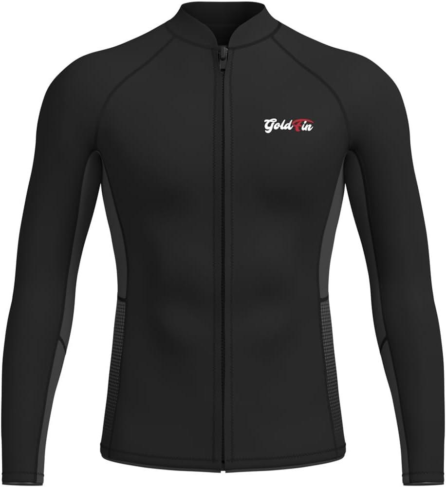 GoldFin Wetsuit Top Men, 2mm Wetsuits Jacket Long Sleeve Neoprene Tops for Water Sports Aerobics Diving Surfing Swimming (Large, Black)