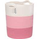 Sea Team Large Size Cotton Rope Woven Storage Basket with Handles, Laundry Hamper, Fabric Bucket, Drum, Clothes Toys Organizer for Kid's Room, 20 x 14 inches, Round Open Design, White & Pink
