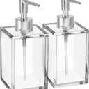Clear Acrylic Reusable Kitchen & Bathroom Hand Sanitizer Dispenser with Rust Proof Stainless Steel Pump, Square Soap Dispenser Set | 12 oz, 2 Pack
