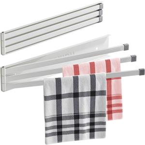 Foldable Towel Rack,Space Saving Wall Mounted Swivel Towel Rack, Stainless Steel Swing 3-Arm Towel Bar for Bathroom or Kitchen Storage(White)