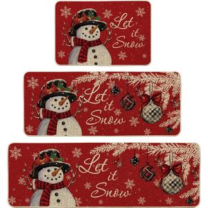 Artoid Mode Snowman Let It Snow Snowflake Christmas Kitchen Mats Set of 2, Winter Home Decor Low-Profile Kitchen Rugs for Floor - 24"x35"+24"x59"+24"x72" (Red)