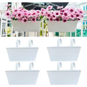 LaLaGreen Railing Planter (4 Pack, 14 Inch) White Metal Rectangle Outdoor Wall Hanging Flower Pots Balcony Bucket Deck Rail Fence Trendy Long Strawberry Succulent Plant Holder Rustic Countryside Style