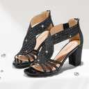 Women's Rhinestone Sparkly Chunky Block Heel Sandals Open Toe Dressy Shoes with Zipper Closure for Wedding Prom Homecoming Hoco Formal Events (8, Black)