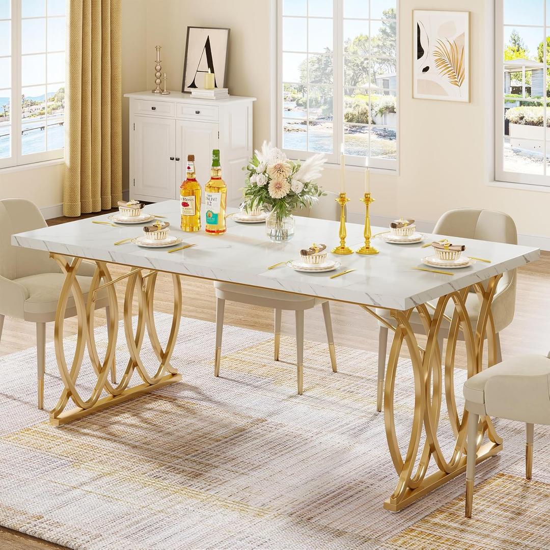 Tribesigns Modern Dining Table, 63" Large Kitchen Table for 4-6 People, Unique Rectangular Dinner Table Kitchen & Dining Room Furniture with Faux Marble Tabletop and Geometric Legs (White & Gold)