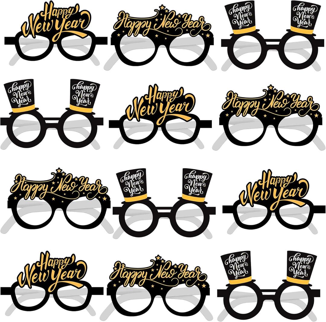 KatchOn, 2026 Glasses New Years - Pack of 12 | Happy New Year Eyeglasses 2026 for New Years Eve Party Supplies 2026 | NYE Party Glasses | Happy New Years Decorations 2026 | NYE Decorations 2026 (Black)