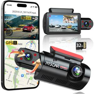 2.5K+1080P Dual Dash Cam Front and Inside, WiFi & GPS Dash Camera for Cars with 32G Card, IR Night Vision, 3" IPS Screen, Inside Car Camera for Taxi Driver, Support 256GB Max, App Control