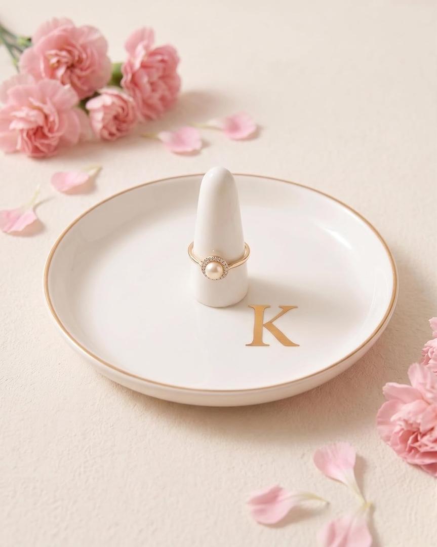 Ceramic Ring Holder Dish for Women Monogrammed Ring Holder for Women Bride | One-piece Ceramic, Ring Cone, Handcrafted, Birthday Valentines Mother's Day Christmas Engagement Wedding Bridesmaid Gifts
