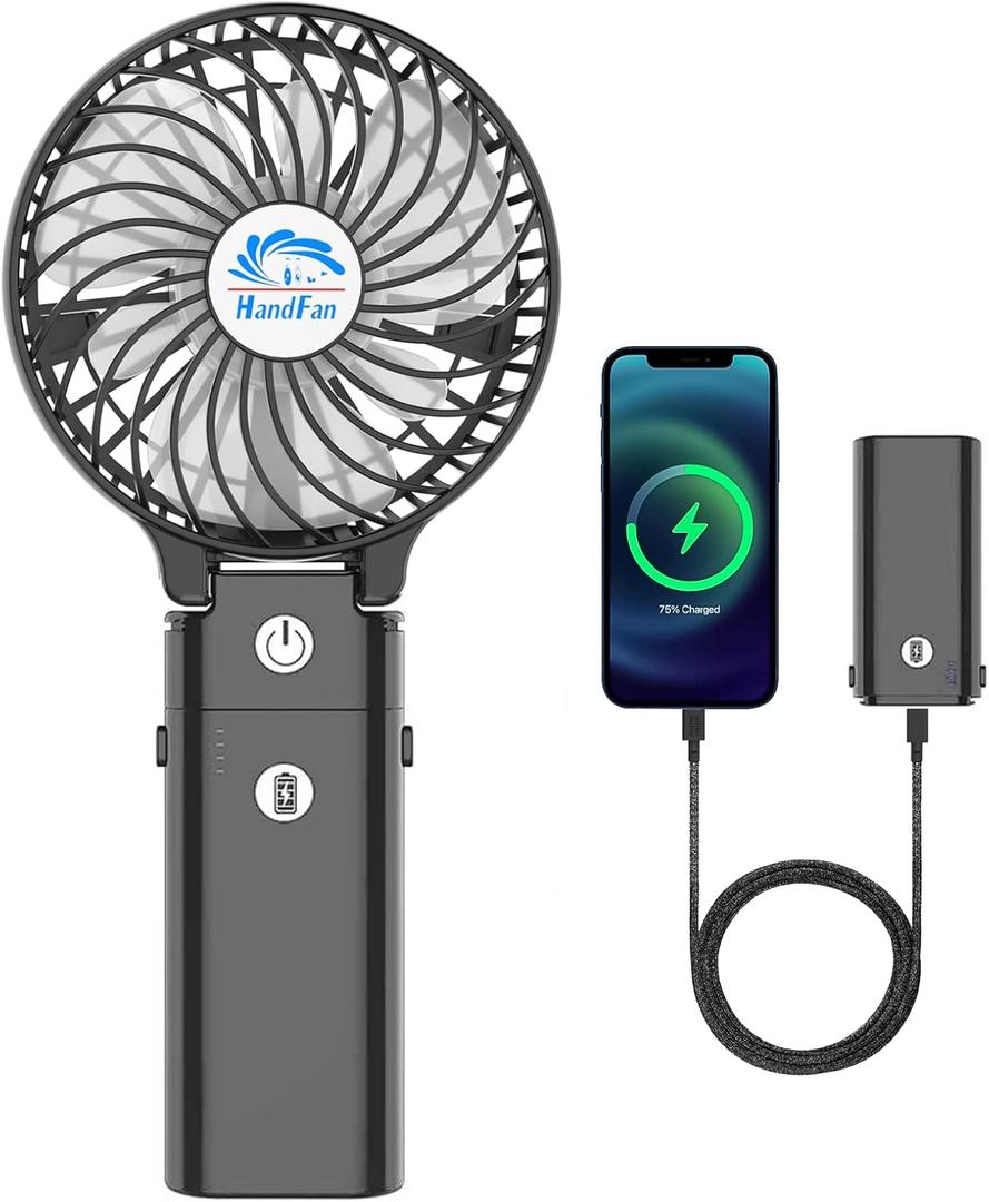 HandFan 5200mAh Portable Handheld Fan, Personal Hand Held Fan USB Rechargeable, 180 Foldable Portable & Detachable Handle Design,3 Speeds Strong Airflow Cooling for Travel/Outdoors/Indoors (Black)