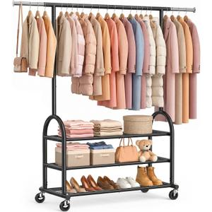 EAGMAK Rolling Clothes Rack Heavy Duty Clothing Racks with 3 Shelves, Black