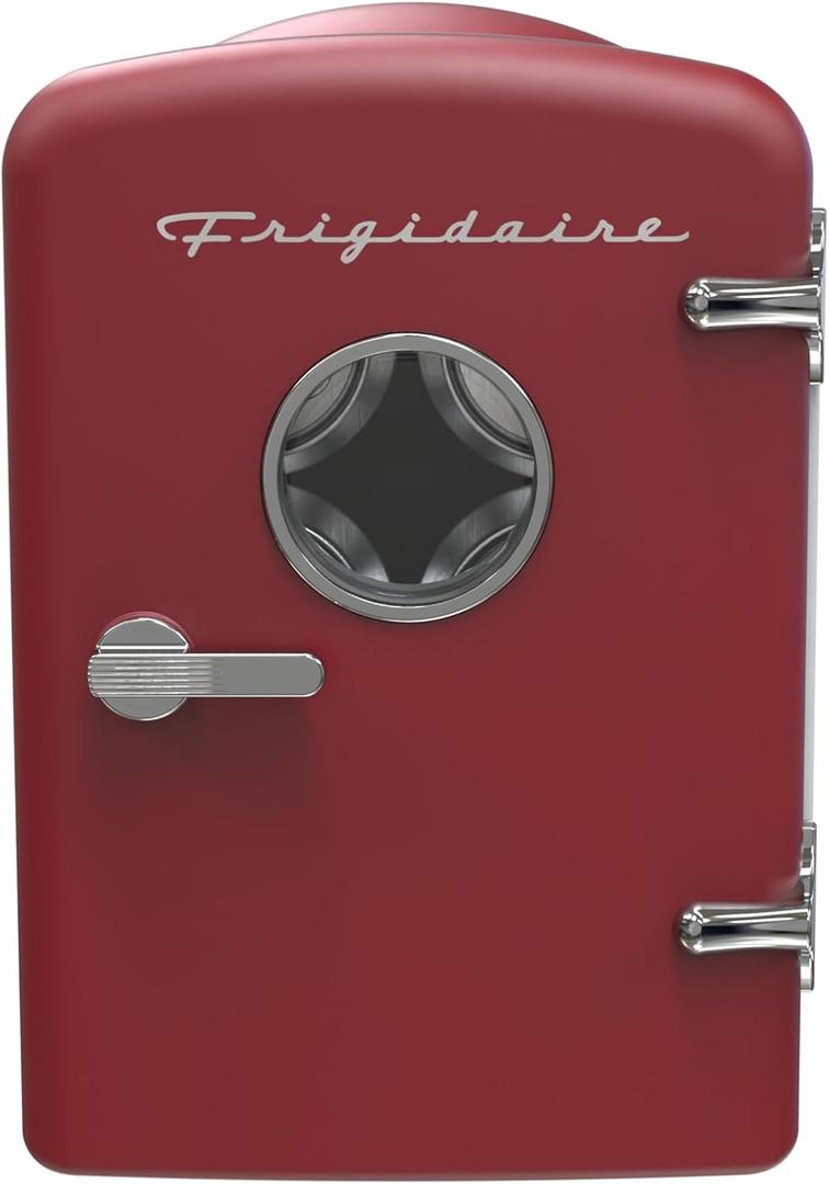 Frigidaire EFMIS171-BLACK Retro Mini Portable Personal Fridge - Ideal for Home, Office or Dorm - Features Active Cooling Can Holder on Top - Includes Carrying Handle, AC/DC Wall/Car Charger - Red