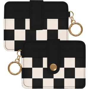 Slim Wallet for Women Ladies Teen Girls Female Credit Card Holder Cute Aesthetic Unique Modern RFID Checkered Cardholder Keychain, Black Black White