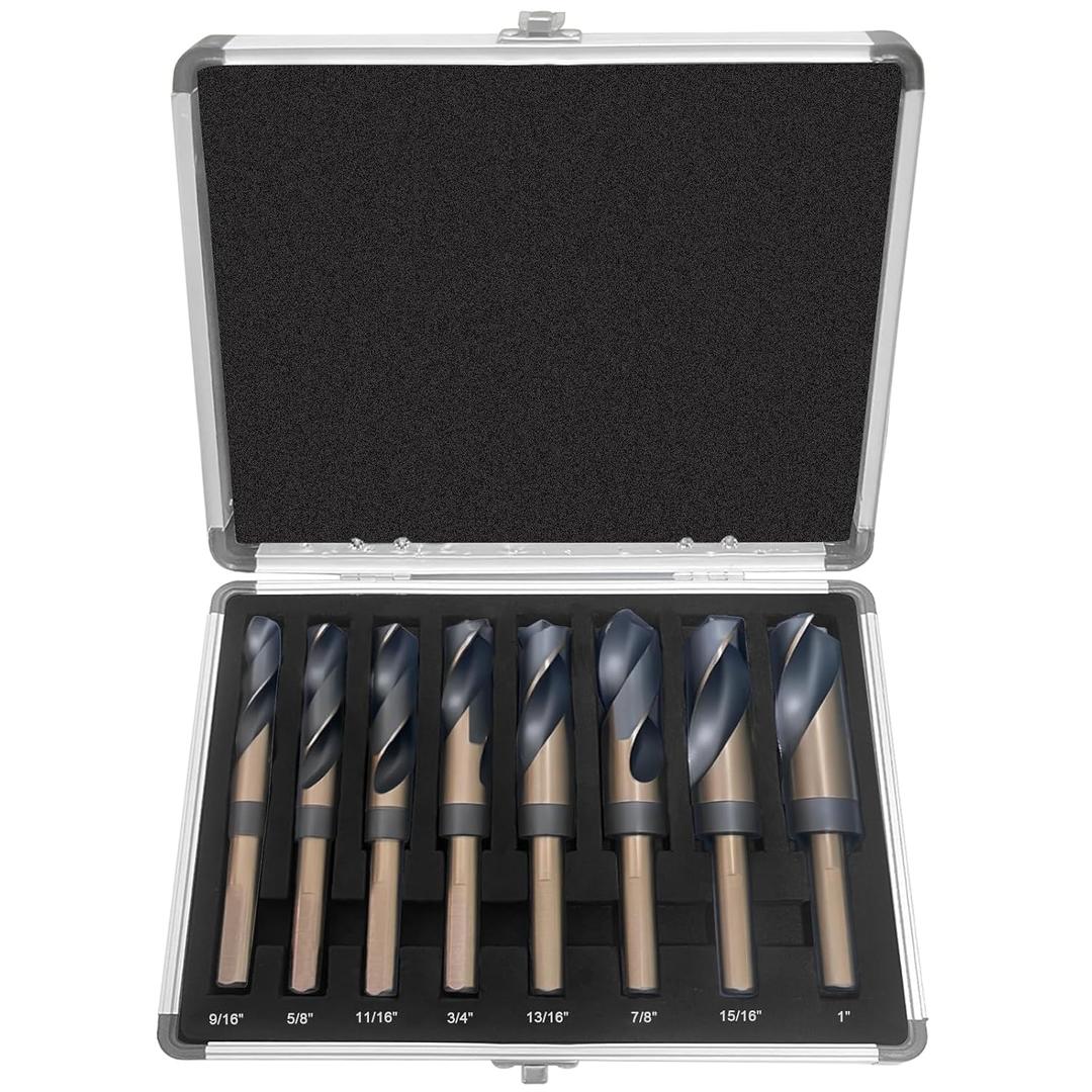 8-Piece Reduced Shank High Speed Steel Drill Bit Set with 1/2" Shank, 8 Sizes from 9/16" to 1", HSS 4241 Black & Gold Drill Bits for Mild Steel, Metal and Hard Wood
