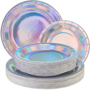 Bokon 100 Pcs Disposable Paper Plates Iridescent,7" and 9" Holographic Dessert Cake Plates Bulk Party Dinner Round Supplies for Birthday Wedding Celebration Picnic Party(Iridescent)