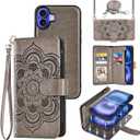 Asuwish Phone Case for iPhone 16 6.1 inch Zipper Wallet Magnetic Detachable Cell Cover with Tempered Glass Screen Protector Crossbody Strap Mandala Flower Card Holder i Phone16 i16 16Case Women Gray