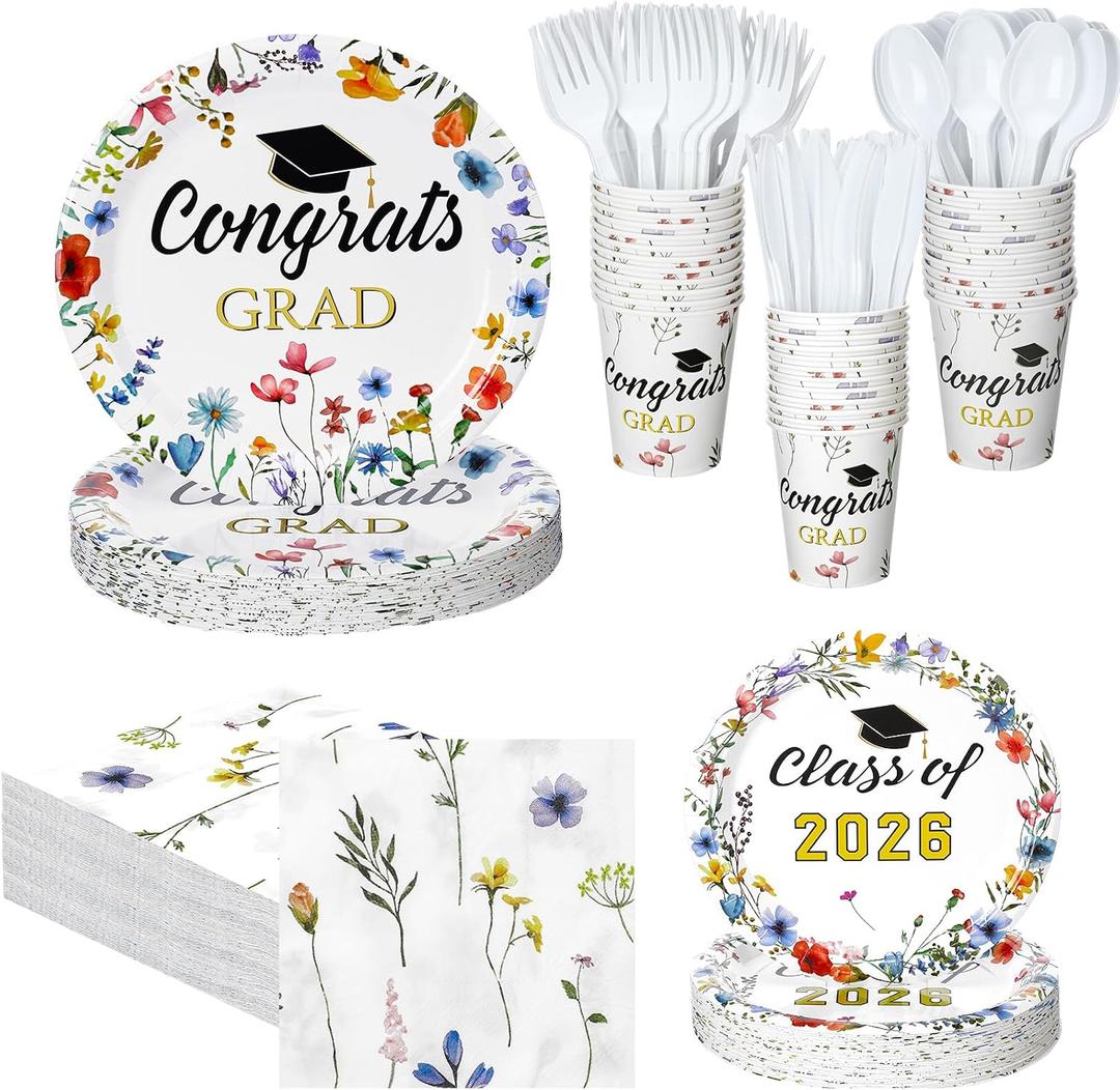 Yungyan 252 Pcs Wildflower Graduation Party Decorations Class of 2026 Congrats Grad Floral Graduation Plates Napkins Cups Forks Knives Disposable Tableware Set for College High School Party Supplies