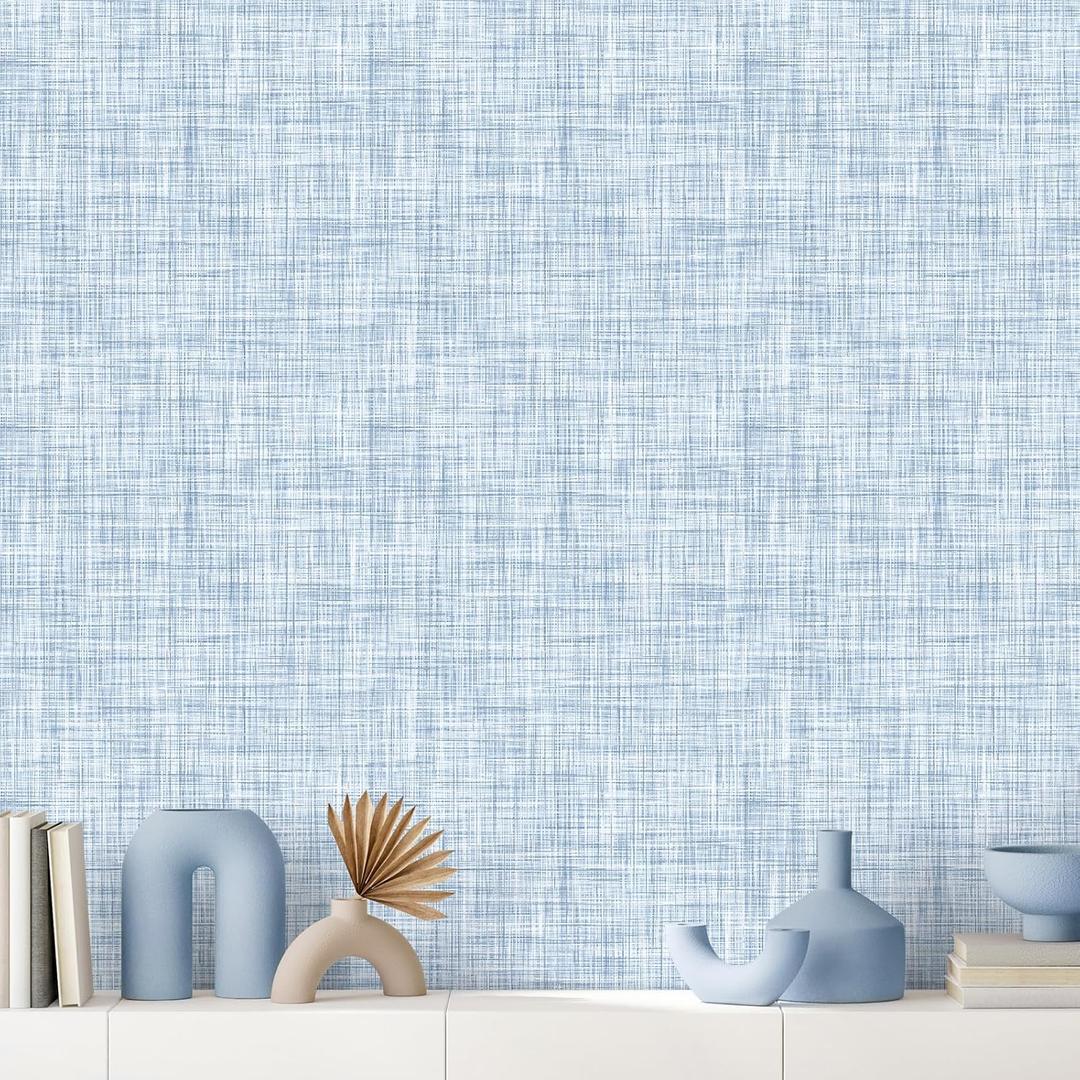 Light Blue Grasscloth Wallpaper Peel and Stick Wallpaper Texture Contact Paper 17.3"x120" Vintage Removable Waterproof Wall Paper for Room Walls Cabinets Furniture Drawers Desk