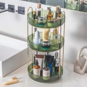 360 Rotating Makeup Organizer, Bathroom Make Up Spinning Holder Rack, Large Capacity Cosmetics Storage Vanity Shelf Countertop, Fits Cosmetics, Perfume, Skincare(3 Tiers, Green)