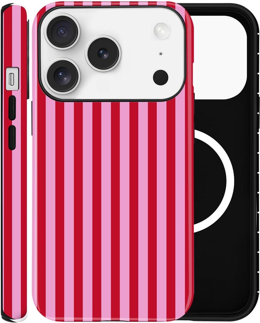 Magnetic Case for iPhone 17 Pro, Compatible with MagSafe, Aesthetic Striped Cute Design for Women, Hybrid 2-Layer Hard Shell Phone Cover, Hot Pink (Red)