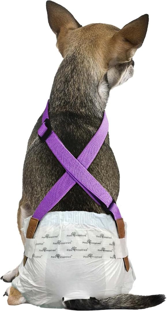Paw Inspired Dog Diaper Suspenders with Velcro Fasteners | Stretchy Adjustable Suspenders for Female and Male Disposable and Washable Diapers | Fits Small, Medium and Large Size Pets (XS/S, Purple)