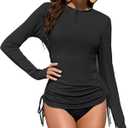 ZAFUL Women's Rash Guard Shirt UV Protection Long Sleeve Quarter‑Zip Side Pocket Drawstring Waist Pleats Breathable Sun Shirt (Black, M)