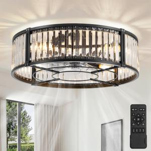 20 Inch Fandelier Ceiling Fan with Light, Crystal Chandelier Ceiling Fans, Caged Ceiling Fan with 6-Speeds, 1/2/4/8H Timer, Quiet DC Motor, Black Flush Mount Ceiling Fans for Bedroom, Living Room