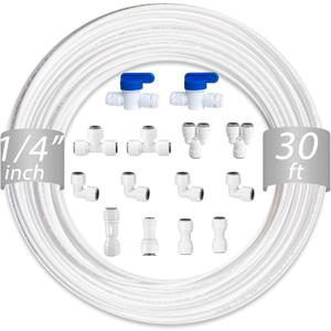NSF 1/4" inch Water Line Tubing and Push to Connect Fittings for Reverse Osmosis Water Filter RO fittings,14 pcs connetors+30 feet 1/4" O.D. (6.4mm) water tubing.