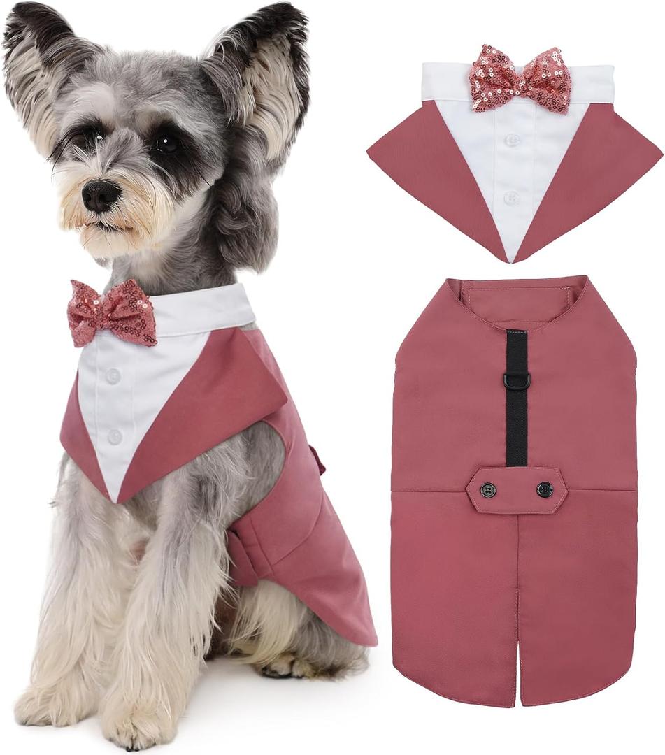 Kuoser Dog Tuxedo Dog Suit and Bandana Set, Dogs Tuxedo Wedding Party Suit, Doggy Prince Bow Tie Shirt Formal Pet Wedding Attire for Large Medium and Small Dogs Golden Retriever Samo Bulldogs (Small, Pack of 1,  Pink)