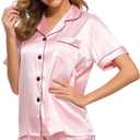 SWOMOG Womens Silk Satin Pajamas Set Short Sleeve Sleepwear Button Down Top and Shorts Loungewear 2 Piece Pjs Set XS-3XL (Medium, Pink)