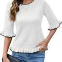 AKEWEI Ruffle Sweater for Women Cropped Spring Peplum Tops Fall Sweaters Dressy Casual Boho Top Womens Work Shirts White L