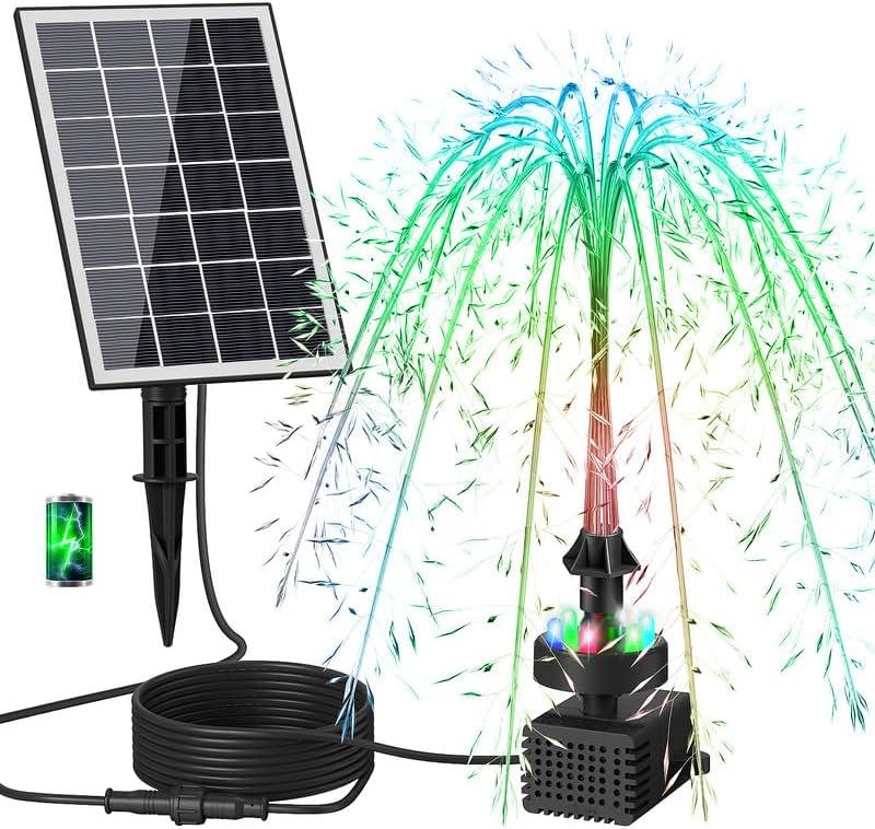 Solar Fountain Pump, Upgrade 3.5W Glass Panel Solar Water Pump Kits with Stake, 16.4ft Cable, 2000mAh Battery, Colorful Lights, Solar Powered Bird Bath Water Pump for Hummingbird, Garden