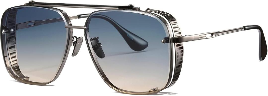 Gtand Fashion Oversized Square Aviator Gradient Sunglasses For Men Vintage Metal Side Shield Steampunk Sun Glasses 64mm (C8 Gun Frame/Gradient Green-brown Lens)