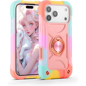 MARKILL Compatible with iPhone 17 Pro Case 6.3 Inch with Ring Stand, Military Grade Drop Protection Full Body Rugged Heavy Duty Case 3 in 1 Protective Durable Cover (Rainbow Pink)