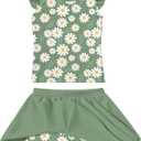 Girls Swimsuit 2 Piece Ruffle Bathing Suit UPF 50+ Tankini Swimsuit Skirt with Lining (7-8 Years, A1-green Daisy-04)