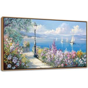Blue Coastal Wall Art Ocean Canvas Flowers Painting Landscape Sailboat Picture White Yellow Artwork Modern Seascape Large Framed for Living Room Bedroom Home Office Decor Size 29x58 Inches