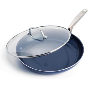 Blue Diamond 12" Nonstick Frying Pan with Lid, Diamond Infused PFAS & PTFE-Free Ceramic Skillet, Dishwasher & Oven Safe, Stay Cool Handle, Durable Non Toxic Metal Utensil Safe, Glass Lid, Blue