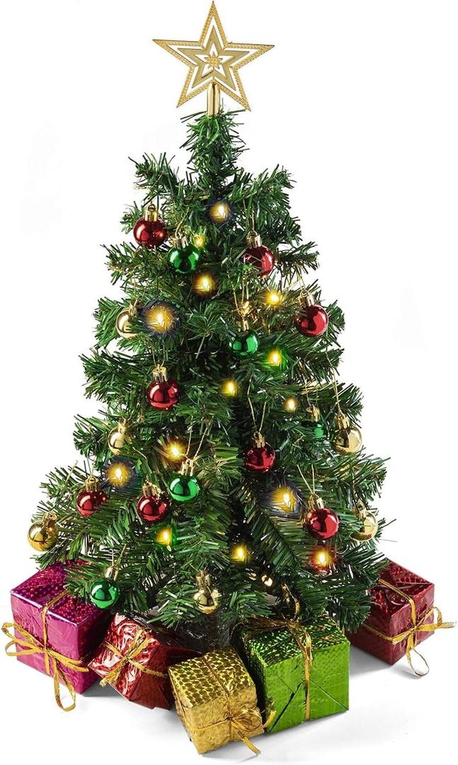 Prextex 23-Inch Mini Christmas Tree with Lights- Small Holiday Tree with Ornaments, Star Topper, and Gift Boxes- Easy Setup Table Decorations for Home, Office, and Indoor Festive Displays (Green)