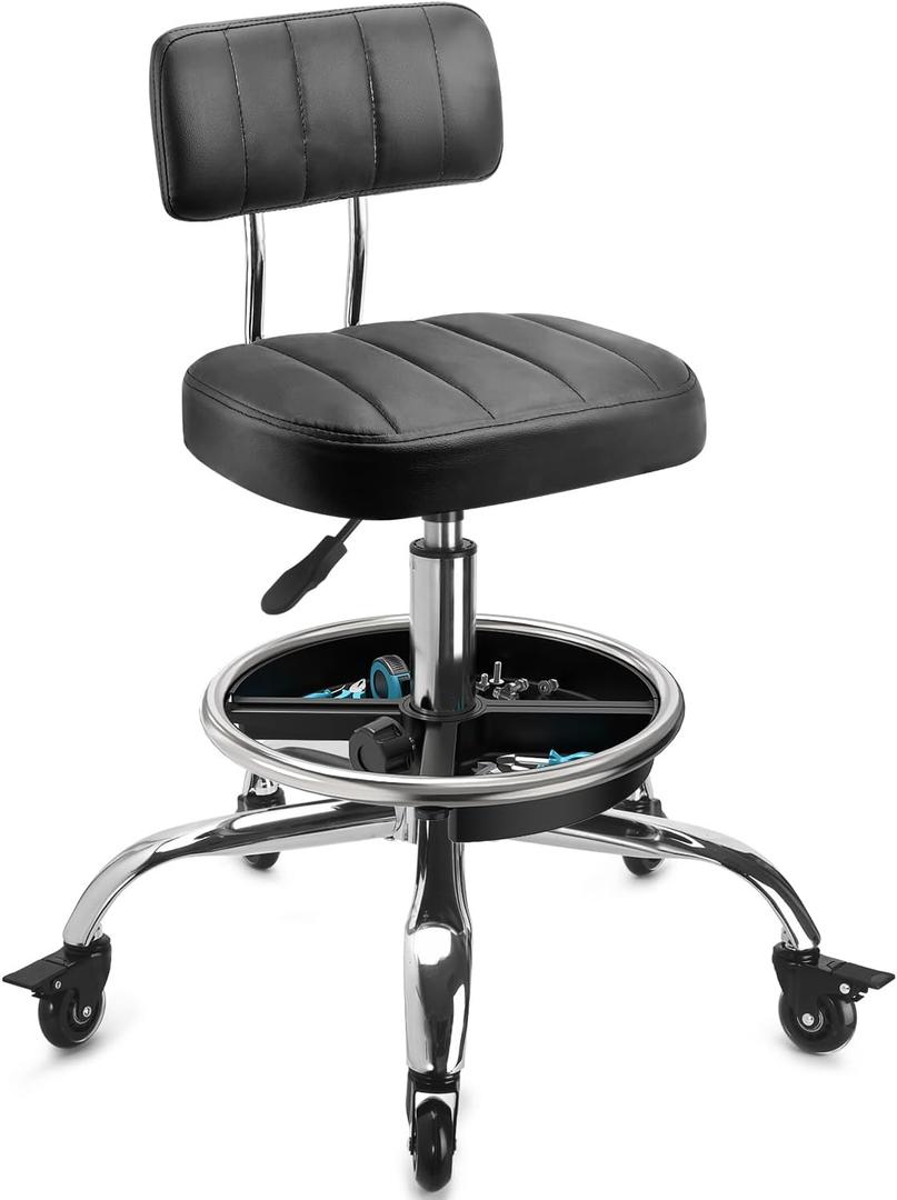 Garage Mechanic Stool with Backrest, Height Adjustable Heavy Duty Swivel Task Chair, Rolling Workshop Stool with Tool Tray Storage, Mechanic Chair for Garage, Shop, Auto Repair (Style 1), 14.2" x 17.3" x 9.8"