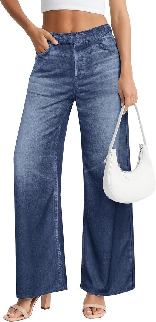 EUYZOU Womens Wide Leg Trendy Jeans Terry Look Like Denim High Waisted Baggy Loose Pants with Pocket (Blue)