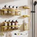 Veken Adhesive Shower Caddy 5-Pack,Heavy Weight Bearing, Large Wall Mounted Shower Shelves Rack, Organizer Storage Accessories with Soap Dish & Toothbrush Holder, Ideal for Bathroom, Home & Kitchen, Gold (5-Piece Set for Hall Bathroom (Rustproof Upgrade))