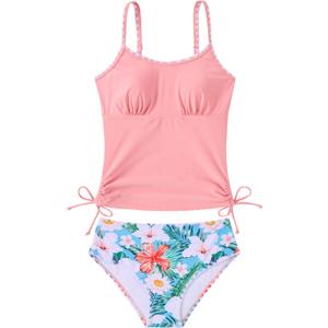 Funnycokid Teen Girls Swimsuit Padded Bathing Suit 2 Piece Tankini Contrast Trim Ruched Design Swimwear (9-10 Years, Floral Pink)