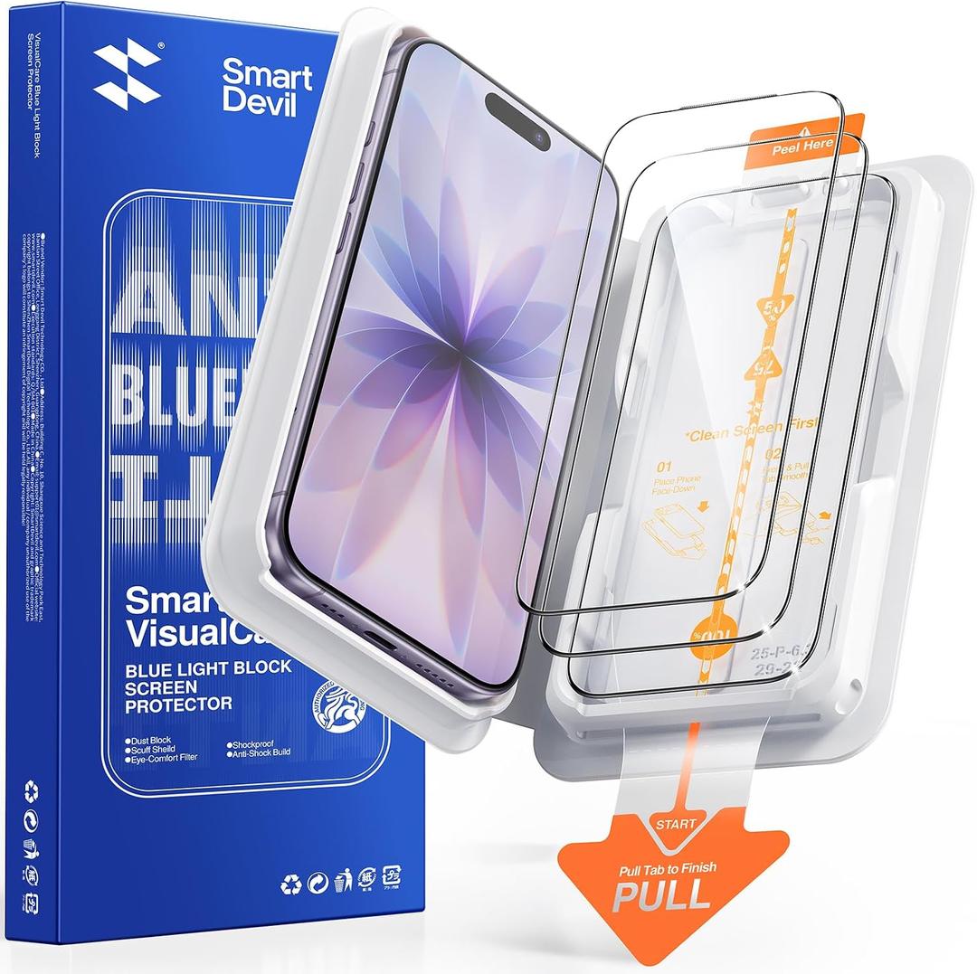 SMARTDEVIL 3 Pack Tempered Glass for iPhone 17 Screen Protector, Anti Blue Light, Eye Protection, SGS Military-Grade Shatterproof, Fast & Easy Installation, Case Friendly Design