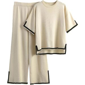 Athlisan Womens Knit Two Piece Outfits Sweater Sets Short Sleeve Pullover Tops Wide Leg Elastic Waist Pants Loungewear (M, Apricot)