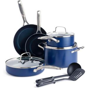 Blue Diamond 10 Piece Nonstick Cookware Set, Diamond Ceramic Pots & Pans, Dishwasher & Metal Utensil Safe, Non Toxic PFAS-Free, Kitchen Cooking Sauce & Saute Pans, Oven & Broiler to 600F, Blue
