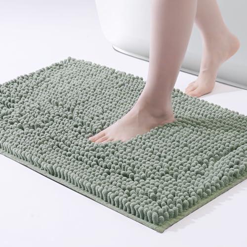 FRESHMINT  Two Chenille Bathroom Rugs Mat 24"x17", Non-Slip Bath Mat for Bathroom Floor & Bathtub, Washable Soft Shower Shag Bath Rugs, Fluffy Thick Water Absorbent Microfiber Shower Mat, Sage Green
