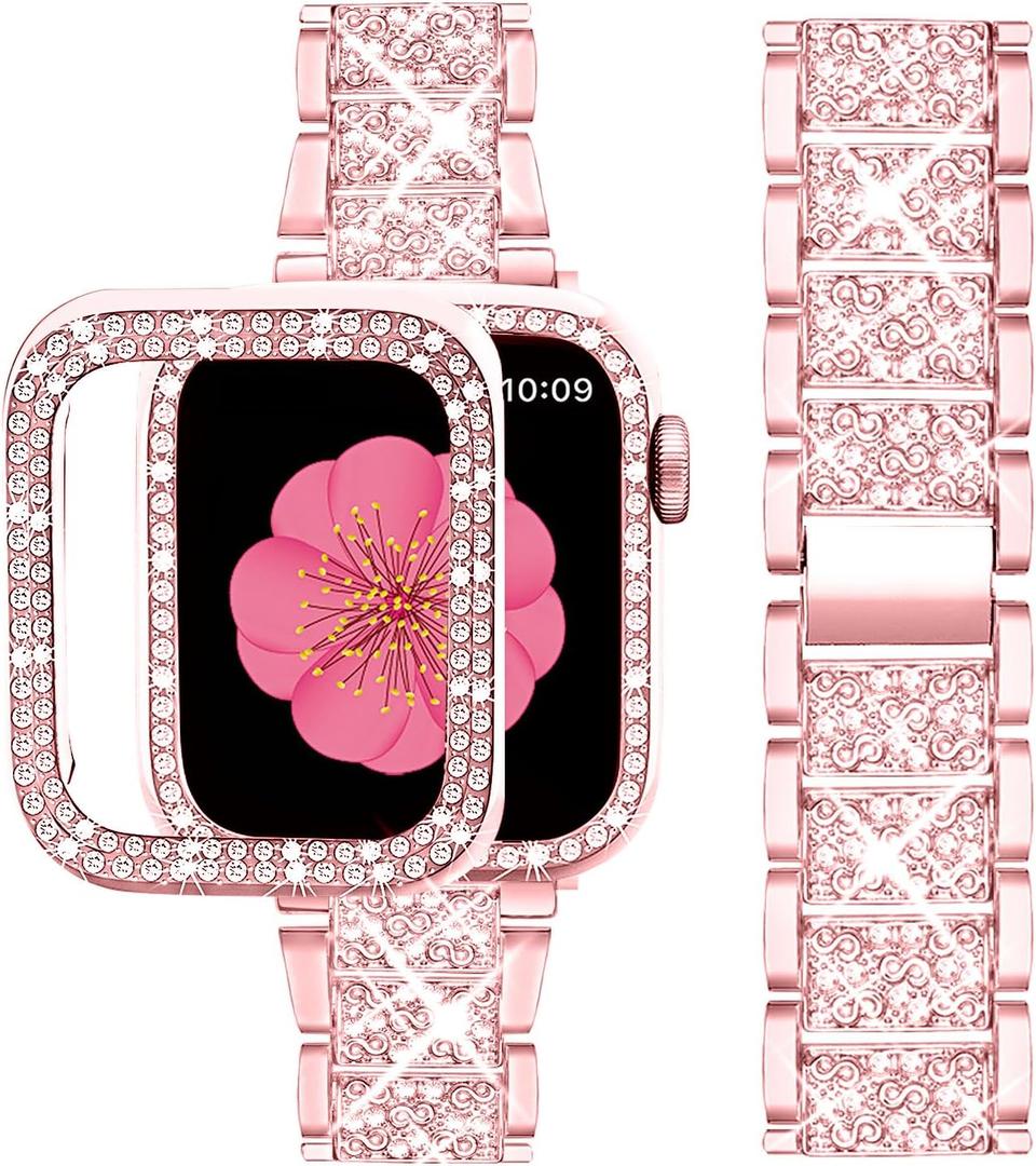 SUPOIX Compatible with Apple Watch Band 45mm + Case, Women Jewelry Bling Diamond Metal Bands & 2 Pack Protective Cover Cases for iWatch Series 9/8/7(Rose Pink)