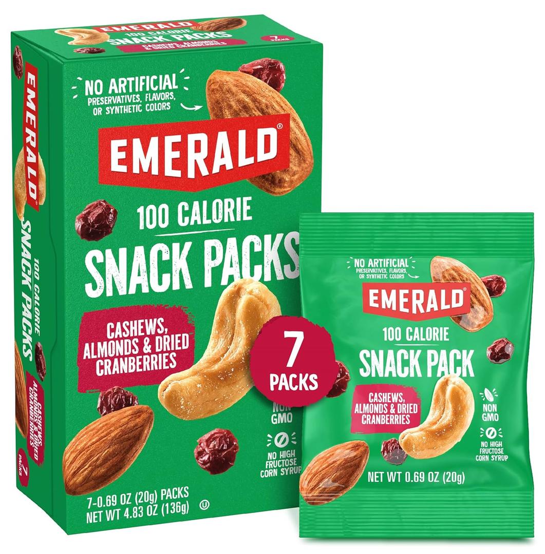 Emerald Nuts Cashews and Almonds with Dried Cranberries 7 Ct (1-Pack) | 100-Calorie Individual Packs of Nut Blend and Dried Fruit | Kosher Certified, Non-GMO, Contains No Artificial Preservatives, Flavors or Synthetic Colors (EXP 06/25/26)